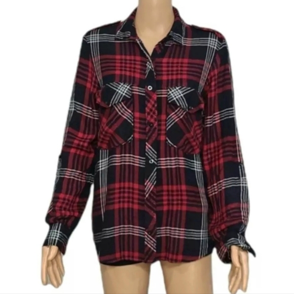 Zara Basic Red/black button-front plaid shirt Roll Tab Sleeve Size M, - Picture 1 of 11